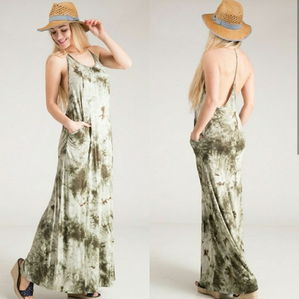 ✨ Last One ‼️NEW Olive Tie Dye T-Strap Maxi Dress
